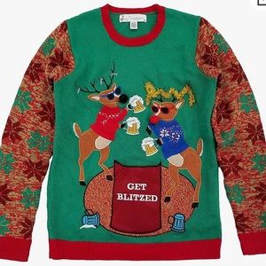 Jolly Sweaters Mens Reindeer‎ Get Blitzed Pouch Holiday Christmas Sweater XL